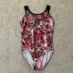 GK child’s large pink and brown velvet leotard gymnastics